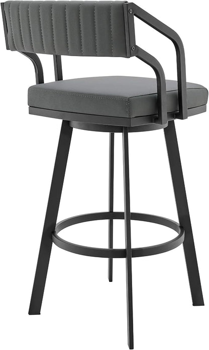 Armen Living Scranton Modern 26" Seat Height Gray Faux Leather and Black Steel Metal Swivel Bar Stool for Kitchen Island Counter