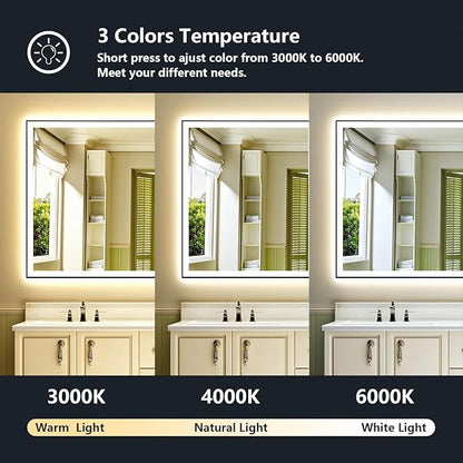 60x36 Inch LED Bathroom Mirror with Lights (Front Lit and Backlit) Black Framed Lighted Vanity Mirror for Bathroom Wall Dimmable Anti-Fog Memory Tempered Glass Horizontal/Vertical