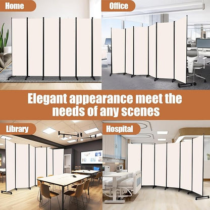 Room Divider Portable 132'' Partition Room Dividers and Folding Privacy Screens 6 Panel Wall Divider for Room Separation, Freestanding Fabric Room Divider Panel with Wheels for Home Office Hospital