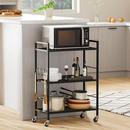 3-Tier Metal Storage Rack with Industrial Wheels,Mesh Shelving Unit with Wooden Table top,Adjustable Shelf,23.6-Inch Width,for Kitchen,Laundry,Pantry,Plant,Black panel and black frame