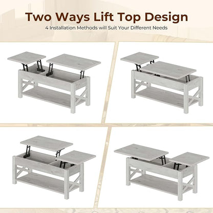 Rolanstar 47.2" Lift Top Coffee Table with Hidden Compartment, 2 Way Lift Top Coffee Table with Open Shelf & X Wooded Support, Farmhouse Center Table for Living Room, Grey
