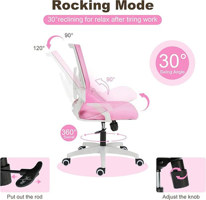 Ergonomic Office Chair Desk Chair with Adjustable Height Mesh Computer Chair Swivel Chair with Flip-up Arms and Lumbar Support Pink