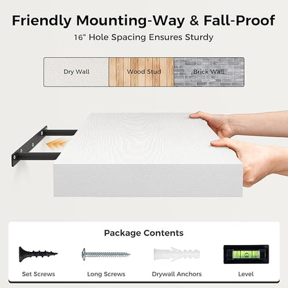 12 Inch Deep White Floating Shelves, 24 x 12 Floating Shelf for Books, Rustic Wood Deep Wall Shelves for Home Storage & Display, 2" Thicked Shelves for Kitchen, Living Room, Bedroom, 2 Pack