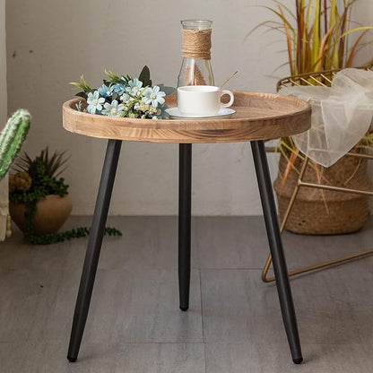 Tiita Round End Table Mental Side Table Nightstand/Small Wood Tables Accent Coffee Table with Wooden Tray for Living Room Bedroom Office Small Space