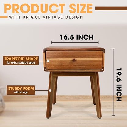ENKEZI Small Mid Century Acacia Night Stand with Drawer Dresser, Handcrafted Small Nightstand, Space-Saving Bedroom Side Tables with Acrylic Coating, No Visible Nails