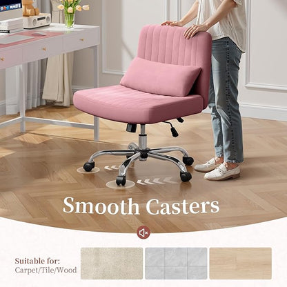 Warmiehomy Criss Cross Office Chair with Wheels, Velvet Cross-Legged Desk Chairs for Home, Height Adjustable Swivel Wide Seat Computer Chair, Modern Armless Vanity Chair for Girls Women, Rose Pink