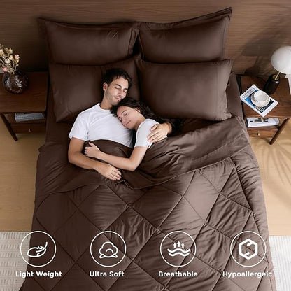 HEVUMYI Brown Cali-King Comforter Set - 7-Piece All Season Bed in a Bag Cali-King, Ultra Soft Bedding Set with Comforter, Flat Sheet, Fitted Sheet, Pillowcases, Pillow Shams