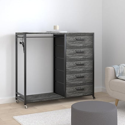 Cyclysio Dresser for Bedroom with Clothes Rack, 5 Fabric Drawers Dresser with Charging Station & LED Lights, Tall Storage Chest of Drawers with Wheels, Wooden Top, Lockable Wheels, Closet, Grey
