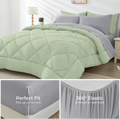 HEVUMYI Full Comforter Set - 7-Piece All Season Bed in a Bag Full, Ultra Soft Bedding Set with Comforter, Flat Sheet, Fitted Sheet, Pillowcases, Pillow Shams, Sage Green & Light Grey