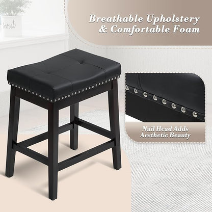 Athena Collection Bar Stools Set of 2, 25 Inches Counter Height Bar Stools Backless with Footrest, Leather Upholstered Saddle Barstools with Nailhead Trim for Home, Kitchen Island, Counter, Black