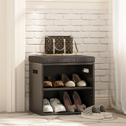 Bamboo Small Shoe Bench for Entryway 2 Tier Shoe Storage Bench with Cushion Adjustable Shoe Rack with Padded Seat for Living Room Hallway (Antique Black)