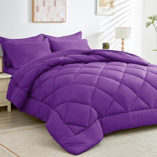 HEVUMYI Purple Queen Comforter Set - 7-Piece All Season Bed in a Bag Queen, Ultra Soft Bedding Set with Comforter, Flat Sheet, Fitted Sheet, Pillowcases, Pillow Shams