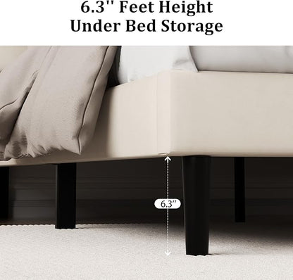 Full Size Platform Bed Frame with Upholstered Velvet Button Tufted Headboard, Mattress Foundation with Wooden Slat Support, No Box Spring Needed, Easy Assembly, Noise Free, Beige