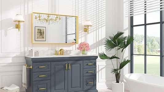 Keonjinn Gold Mirror for Bathroom 40 x 24 Inch Brushed Gold Mirror for Wall Metal Framed Rectangular Mirror for Bathroom Sink Gold Vanity Mirror Full Length Rectangle Mirror(Horizontal/Vertical)