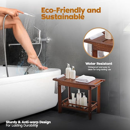 21" Teak Shower Bench for Inside – Luxury Spa-Style Comfort, FSC Certified Durable Teak Wood, Water-Resistant, Ergonomic Seat, Anti-Skid Stability and Enclosed Storage Shelf, 350 lbs Capacity