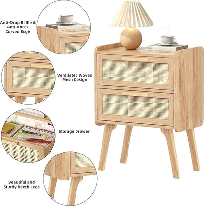 Lerliuo Rattan Nightstand, Boho Night Stand with 2 Drawers, Cane Accent Side End Table, Bedside Table with Solid Wood Legs for Bedroom, Dorm and Small Spaces (Natural)