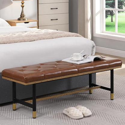 Modern Faux Leather Bench for Living Room and Bedroom, End of Bed Entryway Bench with Solid Metal Shelf, Padded Seat, Brown