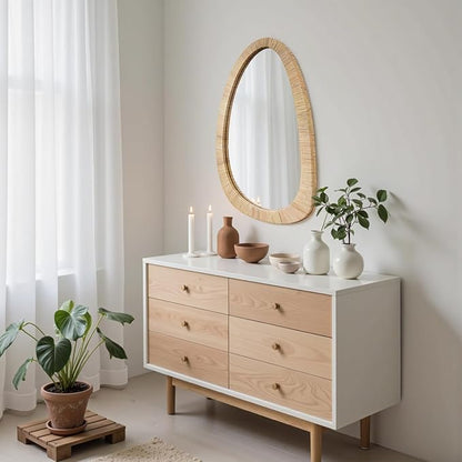 H HOMEWINS Rattan Mirror for Wall,30'' x 20" Wooden Framed Farmhouse Boho Wicker Coastal Irregular Vanity Mirror for Bathroom Living Room Entryway