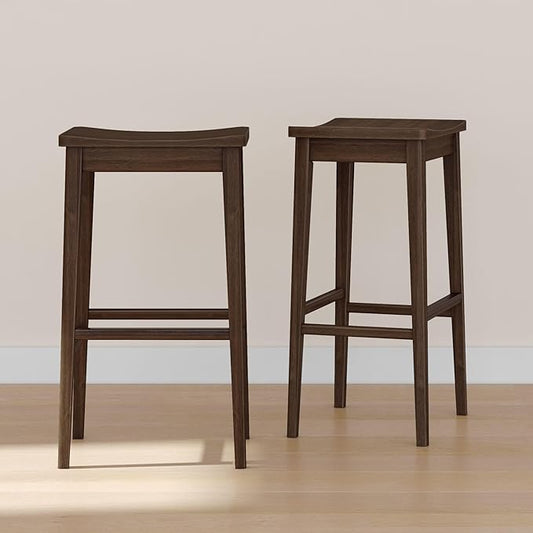 Plank+Beam Smythe Bar Stool, 30", Set of 2, Sturdy Wood Modern Kitchen Counter Height Stool, Saddle Seat Backless Counter Chair, Metal Footrest, Walnut