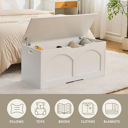 39.4" Storage Chest, Wooden Storage Bench Trunk, Upgraded Safety Lift Support Hinge, Large Entryway Bench Box, Supports 330 lb U-Shaped Opening for Entryway, Hallway, Living Room, White