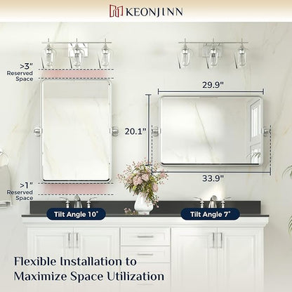 Keonjinn 20 x 30 Inch Tilt Mirror Bathroom, Satin Nickel Metal Pivot Mirror for Bathroom, Silver Beveled Fixed Tilt Mirrors for Over Sink, Modern Tilting Mirrors Wall Mounted (Horizontal/Vertical)