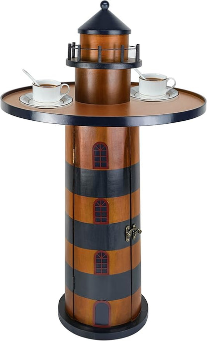 SAILINGSTORY Wooden Lighthouse Nautical Round Coffee Table Beach Coastal End Table Side Table with Storage