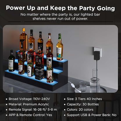 Dethan 3 Tier 40 Inch Liquor Bottle Display Shelf - Illuminated Wine Racks with Multi-Color App & Remote Control, Adjustable Brightness & Sound Modes, Acrylic Bar Shelves Displays