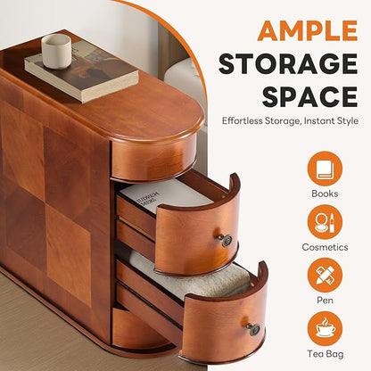 Sweetcrispy Side End Table with 2 Drawers, Tall Nightstand Vintage Bedside Tables No Assembly Night Stand with Curved Edge Storage Space Wood Sofa Slim Organizer for Living Room, Bedroom, Brown
