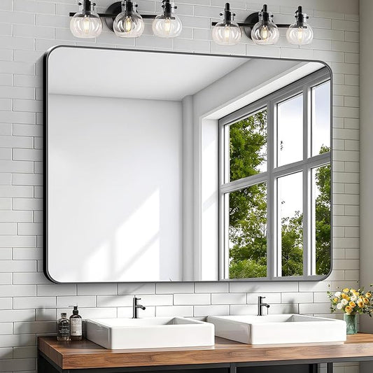 KOCUUY 40"x48" Large Rectangle Vanity Mirror, Black Metal Frame Mirror with Rounded Corner, Modern Design of Upgraded Shatterproof Glass for Bathroom, Bedroom, Living Room, Entryway