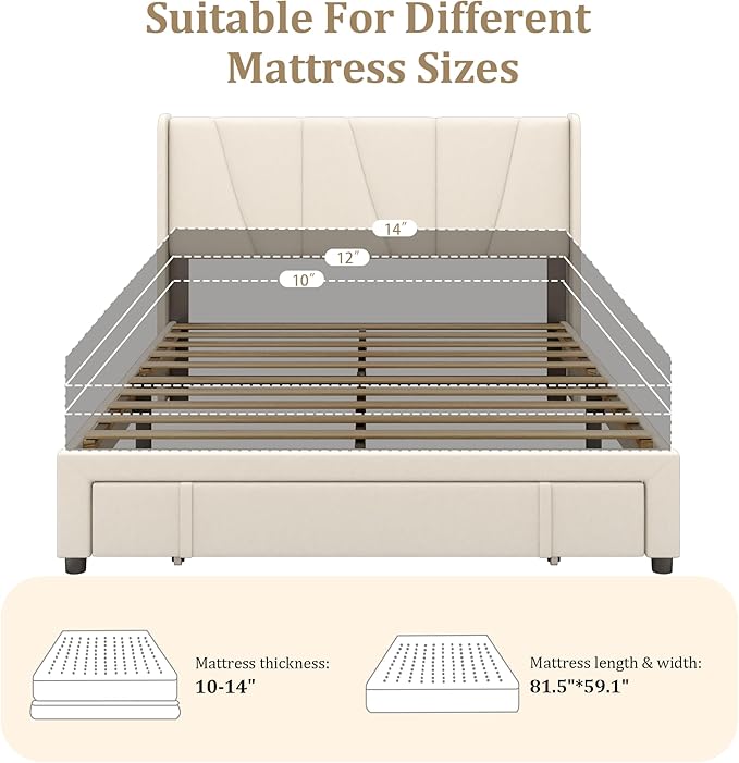 Queen Bed Frame with Storage Drawers, Upholstered Platform Bed with Headboard and Wingboard, No Box Spring Needed, Noise Free, Easy Assembly, Wooden Support Slats, Beige
