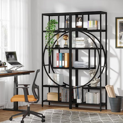 Geometric Bookshelf, 70.9" Tall Bookcase with 7-Shelf Open Shelves, Wood Metal Book Shelf Display Rack Storage Shelving Unit for Office, Bedroom, Living Room, Easy Assembly, Black