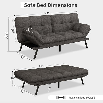 Vipbear Futon Sofa Bed Couch, 71" Convertible Sofa Bed, Space-Saving Loveseat with Adjustable Backrest & Armrest for Living Room,Apartment,Office,Pure Grey Sleeper Sofa