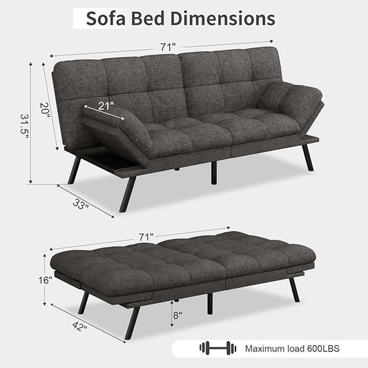 Vipbear Futon Sofa Bed Couch, 71" Convertible Sofa Bed, Space-Saving Loveseat with Adjustable Backrest & Armrest for Living Room,Apartment,Office,Pure Grey Sleeper Sofa