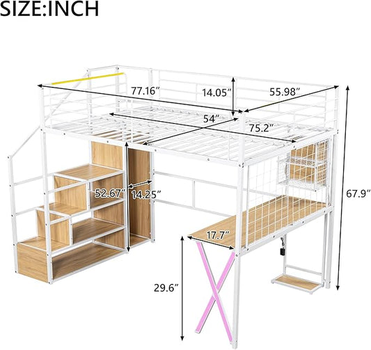 Merax Full Size Metal Loft Bed with Built-in Work Station, Wardrobe, Storage Staircase and LED, Gaming Bed for for Kids Teens Adults, Full-Length Guardrails, No Box Spring Needed, White