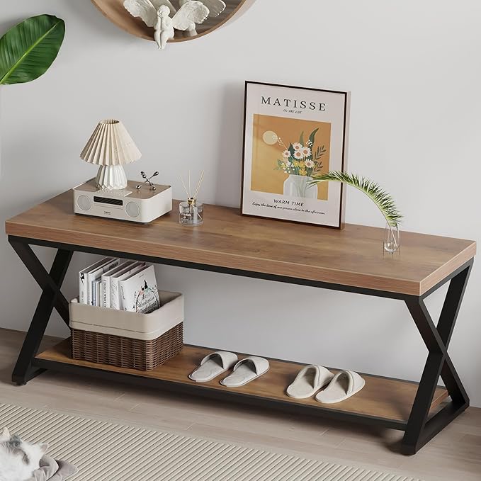 IBF Wood Entryway Bench, Wooden and Metal Bedroom Indoor Bench, Industrial Shoe Bench with Storage and Seating, Farmhouse Entry Bench for Foyer Entrance Hallway Living Dining Room, Rustic Oak, 47 Inch