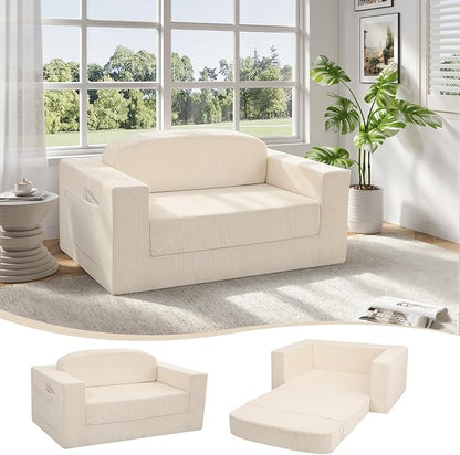 MeMoreCool Convertible Sofa Bed, Pull Out Loveseat Sleeper Sofa Beige, Small Boneless Cloud Couch Bed for Adults, Fold Out Foam Love Seat, Corduroy Folding Floor Couch for Bedroom