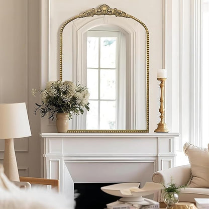 G-LEAF Vintage Baroque Mirror 24"X36", Arched Mantel Victorian Antique Farmhouse Mirror with Black Brush Gold Ornate Metal Frame for Fireplace Entryway Living Room Hallway Bathroom