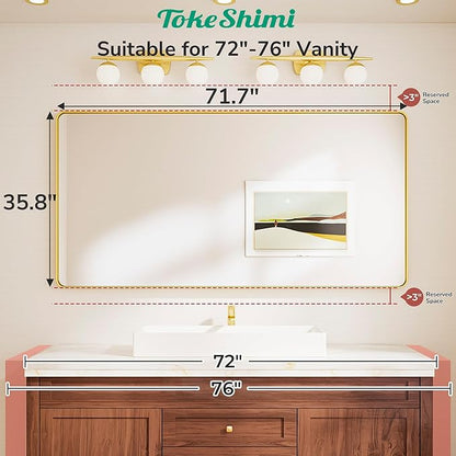 TokeShimi 72x36 Brushed Gold Bathroom Mirror,Tempered Glass,Bathroom Wall Mirror with Seamless Aluminum Frame,Modern Bathroom Vanity Mirror Shatterproof(Horizontal/Vertical)