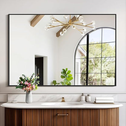 Black Bathroom Mirror for Wall, 30x48 Inch Rectangle Mirrors with Metal Frame, Modern Vanity Wall Mirror Decor for Bathroom Living Room, Entryway Hangs Horizontal or Vertical