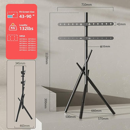 Easel Art TV cart for 43-90 inch TVs Triangular 3-Leg TV Cart with Height Adjustable 60KG Capacity Portable Floor cart for Living Room LS600B