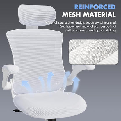 High Back Office Chair with Adjustable Lumbar Support & Headrest, Ergonomic Mesh Desk Chair with Flip-Up Armrests, Breathable & Comfortable Computer Chair for Home, Office & Study, White