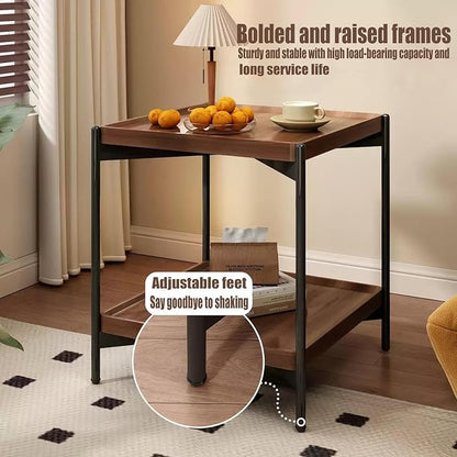 Solid Wood Nightstand with 2-Tier Storage Shelf - Versatile Bedside Table, Sofa Side Desk & Compact Coffee Table for Small Spaces, Space-Saving Design for Living Room/Bedroom (Walnut Finish)