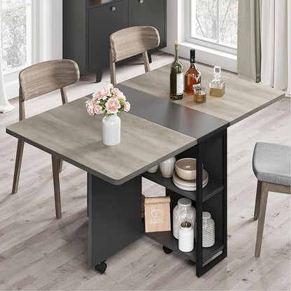 GarveeHome Folding Dining Table, Space Saving Farmhouse Dining Table for 4 Storage Shelf, 6 Wheels Multipose Expandable Kitchen Drop Leaf Table for Small Space (Carlo Grey, 50.1"D x 31.4"W x 29.5"H)