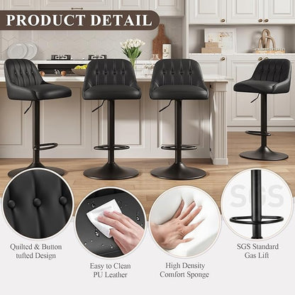 Bar Stools Set of 4, Swivel Bar Chairs, Modern Adjustable PU Leather Upholstered Barstools Counter Height with Tufted Back for Bar, Kitchen Counter Island, Dining Room, Black