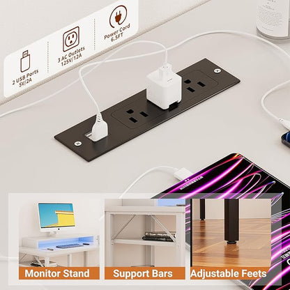 Unikito Reversible L Shaped Computer Desk with Power Outlets and Monitor Stand, Sturdy Corner Desk with RGB LED Light and Storage Shelves, Modern Work Desk for Home Office, Easy to Assemble, White