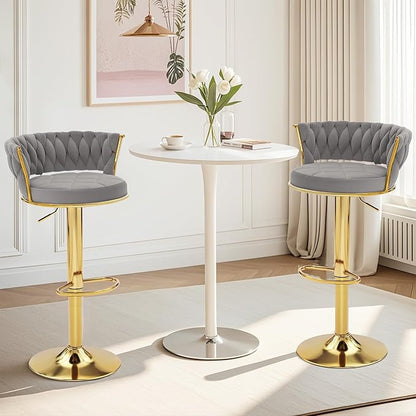VECELO Bar Stools Set of 4, Adjustable Barstools Counter Height Stools with Back and Arm, Velvet Woven Kitchen Island Stools w/Gold Metal Leg & Base, 360° Swivel Bar Chair, Light Grey