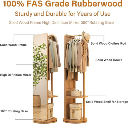 70"x16"Full Length Mirror with Stand,Coat Rack with Mirror,Solid Wood Floor Mirror,Swivel Mirrorfor Bedroom, Living Room, Cloakroom