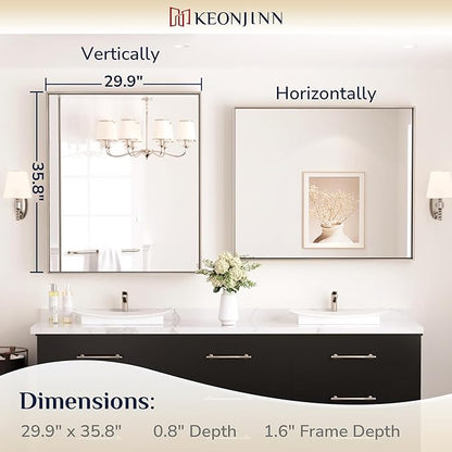 Keonjinn 30 x 36 in Brushed Nickel Bathroom Mirror for Over Sink, Rectangular Silver Metal Framed Rectangular Vanity Wall Mirror Square Corner Modern Farmhouse Rectangle Mirror(Horizontal/Vertical)