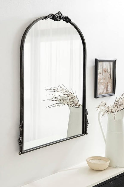 Kate and Laurel Myrcelle Traditional Arched Mirror; 25 x 33; Black; Decorative Vintage Arch Mirror with Ornate Garland Detailing Along The Crown and Edges of The Frame