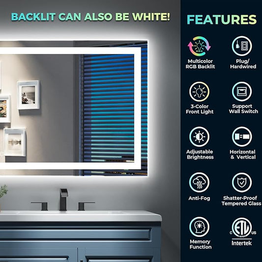 51x40 Inch RGB LED Bathroom Mirror Front Light and RGB Backlit Lighted Vanity Mirror for Bathroom Wall Mounted Dimmable Anti Fog Memory Shatter-Proof IP54 Waterproof Horizontal/Vertical